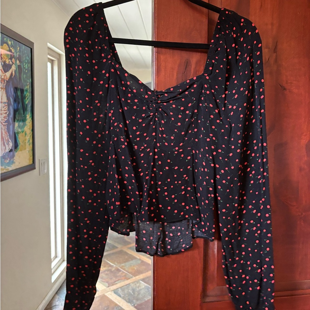 Free People Black Blouse with Cherry Print